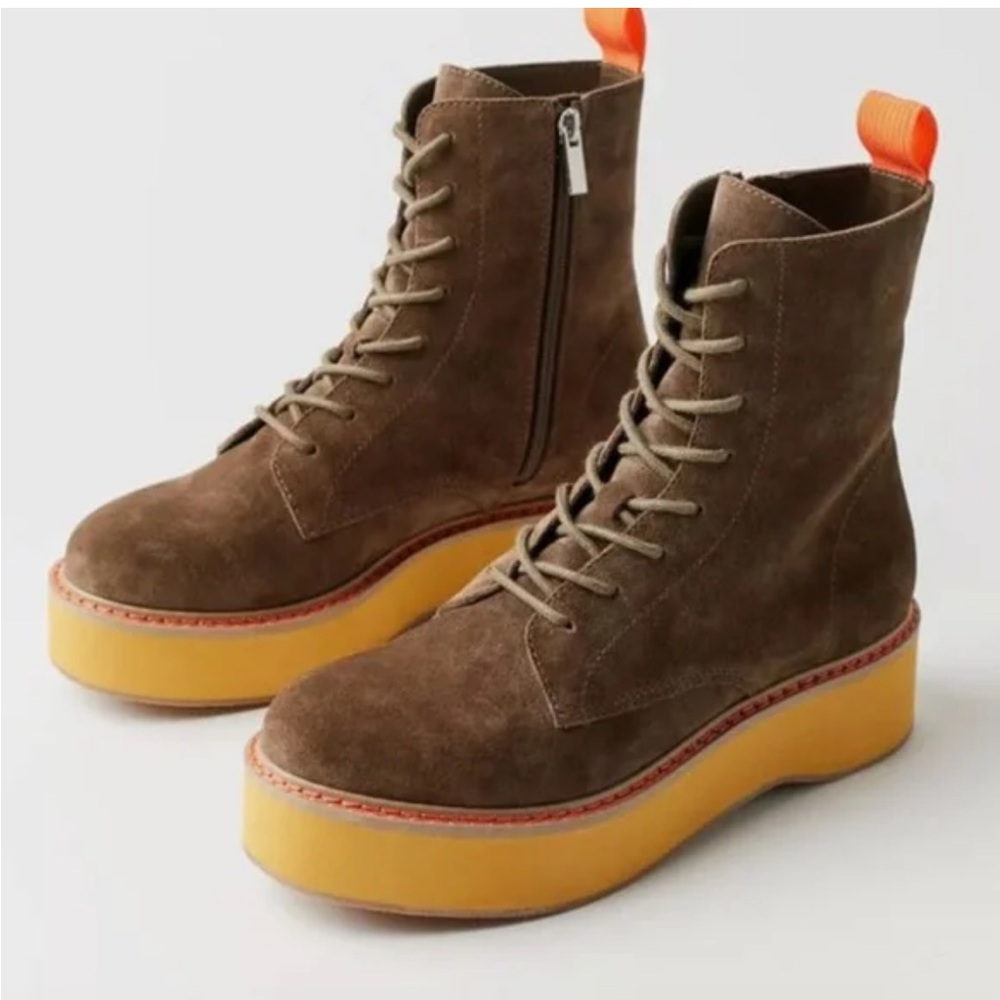 Urban Outfitters Brown Suede Combat Boots with Yellow Platform